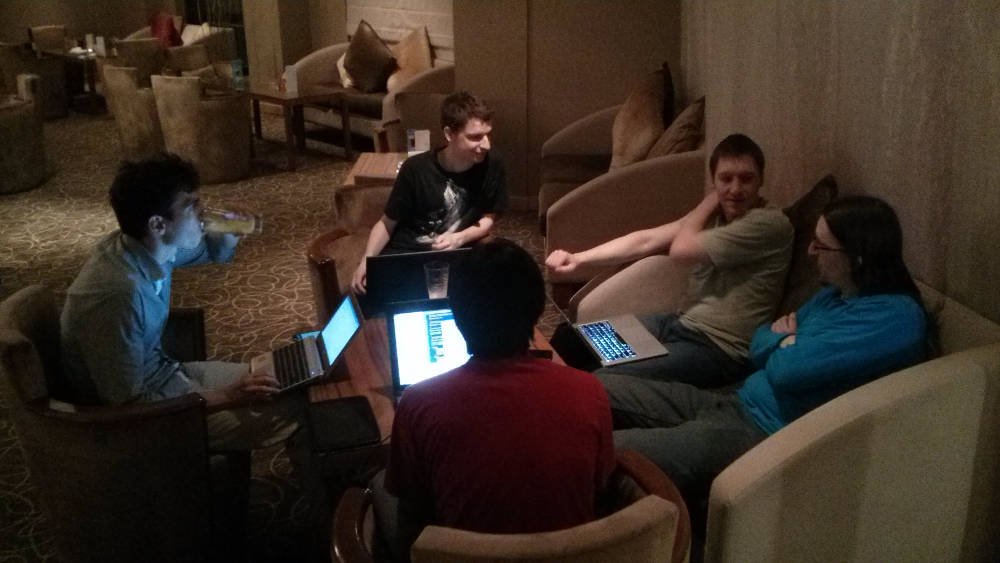 Core App developers hacking in the lobby after hours